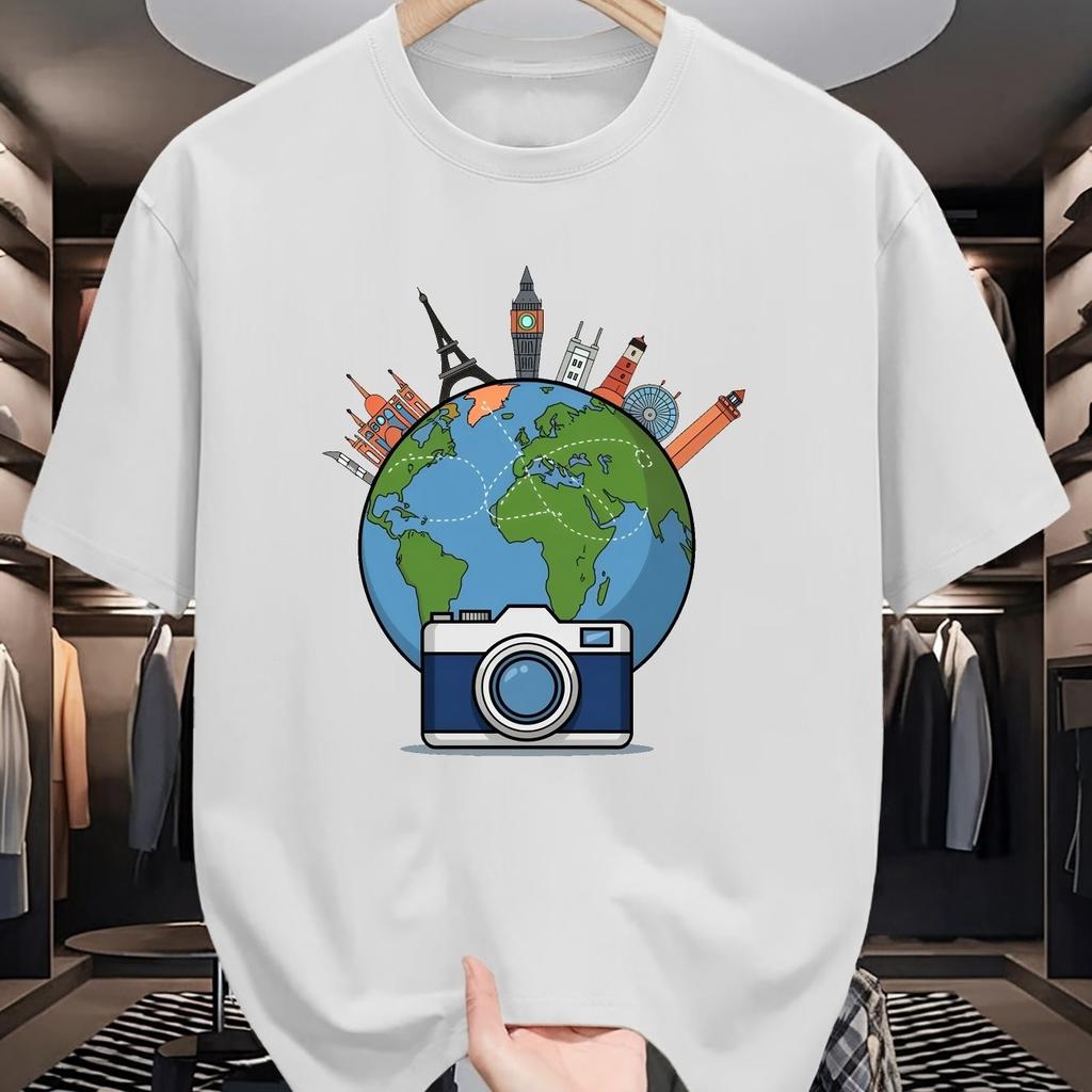 Earth Camera Graphic Tee for Men, Summer Short Sleeve Round Neck Casual Versatile Cotton Top