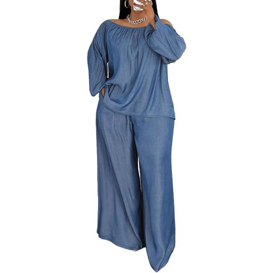 2 Piece Outfit for Women Off Shoulder Long Sleeve Top High Waisted Wide Leg Pants Set Casual Plus Size Going Out Lounge Set