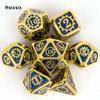7 Pcs Golden Blue Gear Wheel Metal Dice Solid Metal Polyhedral Dice Set Suitable for Role-Playing RPG Board Game Card Game