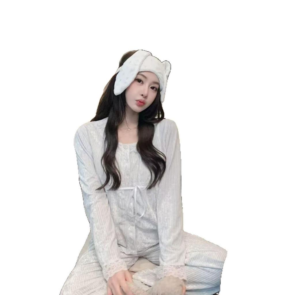 Высококачественная женская пижама в стиле французской принцессы из хлопка Sea Island - Осенне-зимняя, плотный кардиган, домашняя одежда