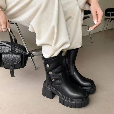 Меховые интегрированные зимние ботинки на толстой подошве и толстом каблуке 2025 зима кожа водонепроницаемые стол с волосатыми короткими ботинками тепловые ботинки Мартин