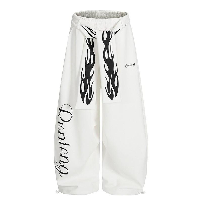 Unisex Loose Fit Streetwear Jogger Pants With Flame Letter Print Casual Trousers Daily Wear
