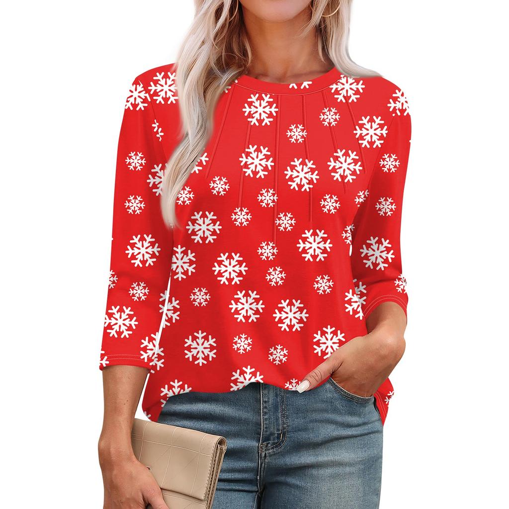 Женская модная футболка с круглым вырезом и рукавом 3/4 с принтом, повседневная, базовая, плиссированная, пуловер