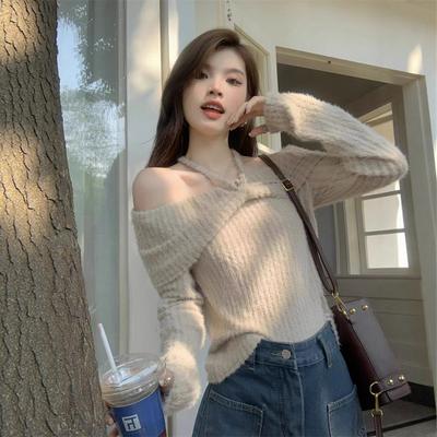 Свитер с воротником-бандо, открытыми плечами, в стиле " Spice girl", женская одежда, осенняя новинка, нишевый, с длинным рукавом, стиль "чистая страсть"