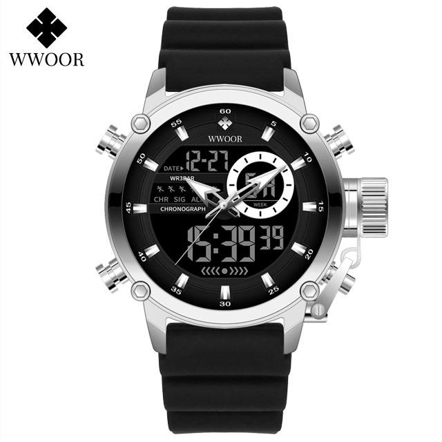 WWOOR Luxury Brand Men's Sport Watches Black Quartz Led Clock Men Waterproof Wristwatch Male Military Watch Relogio Masculino