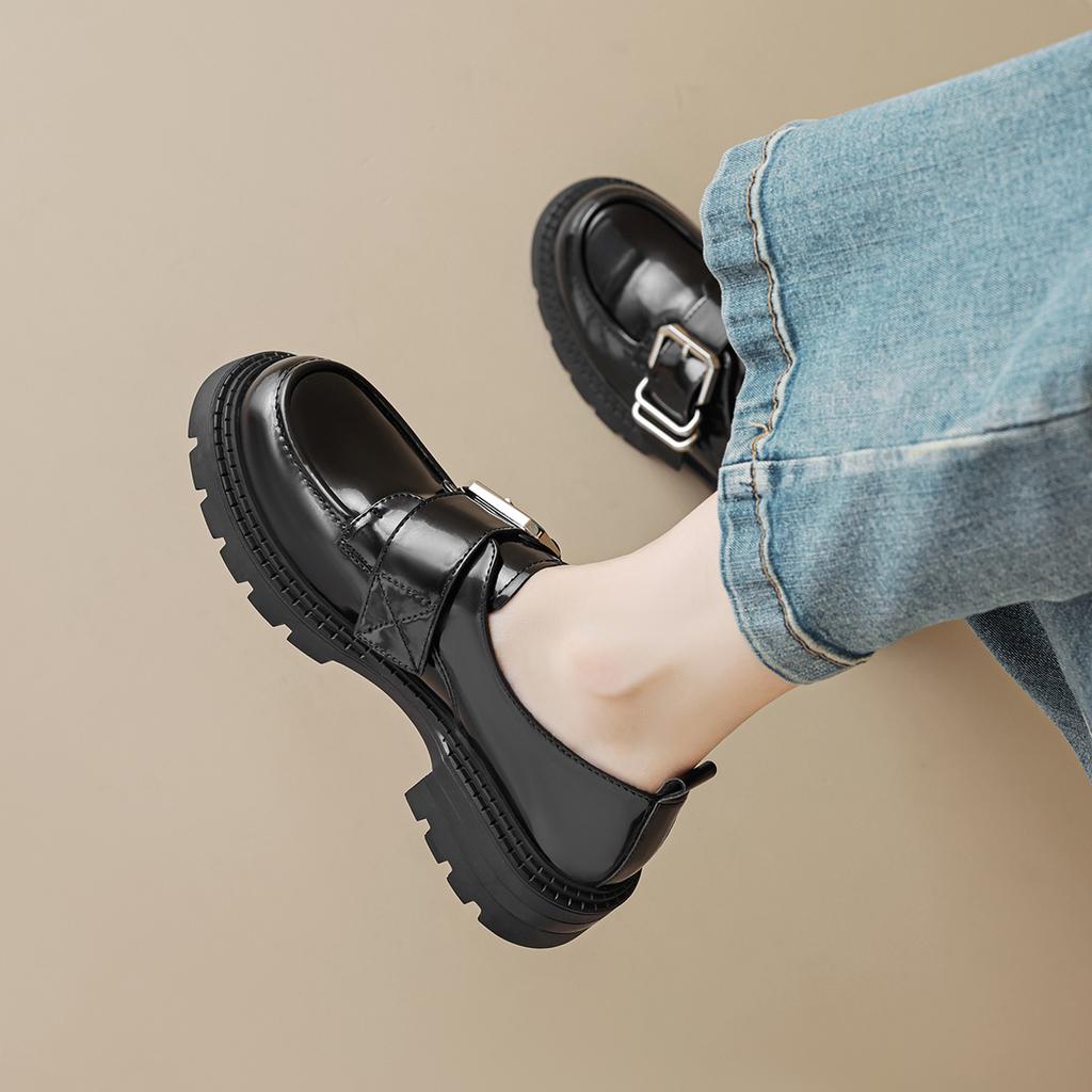 One-word Buckle with Thick-soled Women's Retro Small Leather Shoes and Soft-soled Single Shoes Women