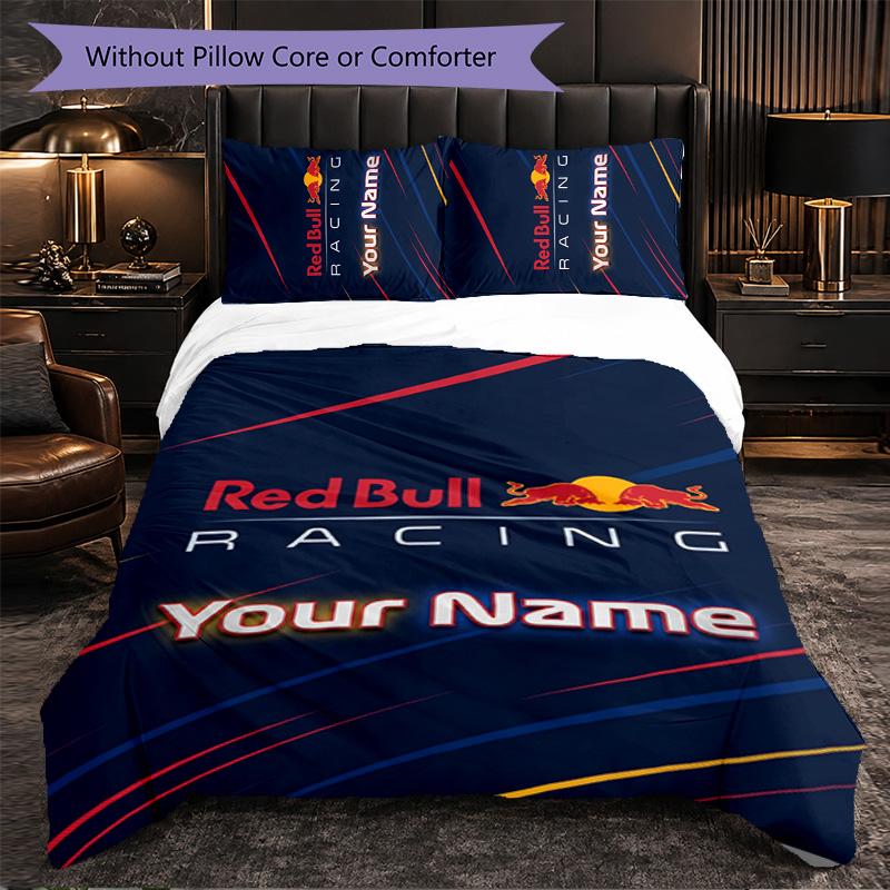 Постельное белье с индивидуальным именем Red Bull Racing, 1 пододеяльник и 2 наволочки, персонализированный подарок для спальни