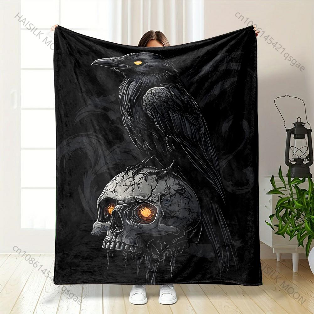 1PC Raven on glowing skull Print Adult Children Warm Blankets Home Travel Car Soft and Comfortable Suitable for all seasons