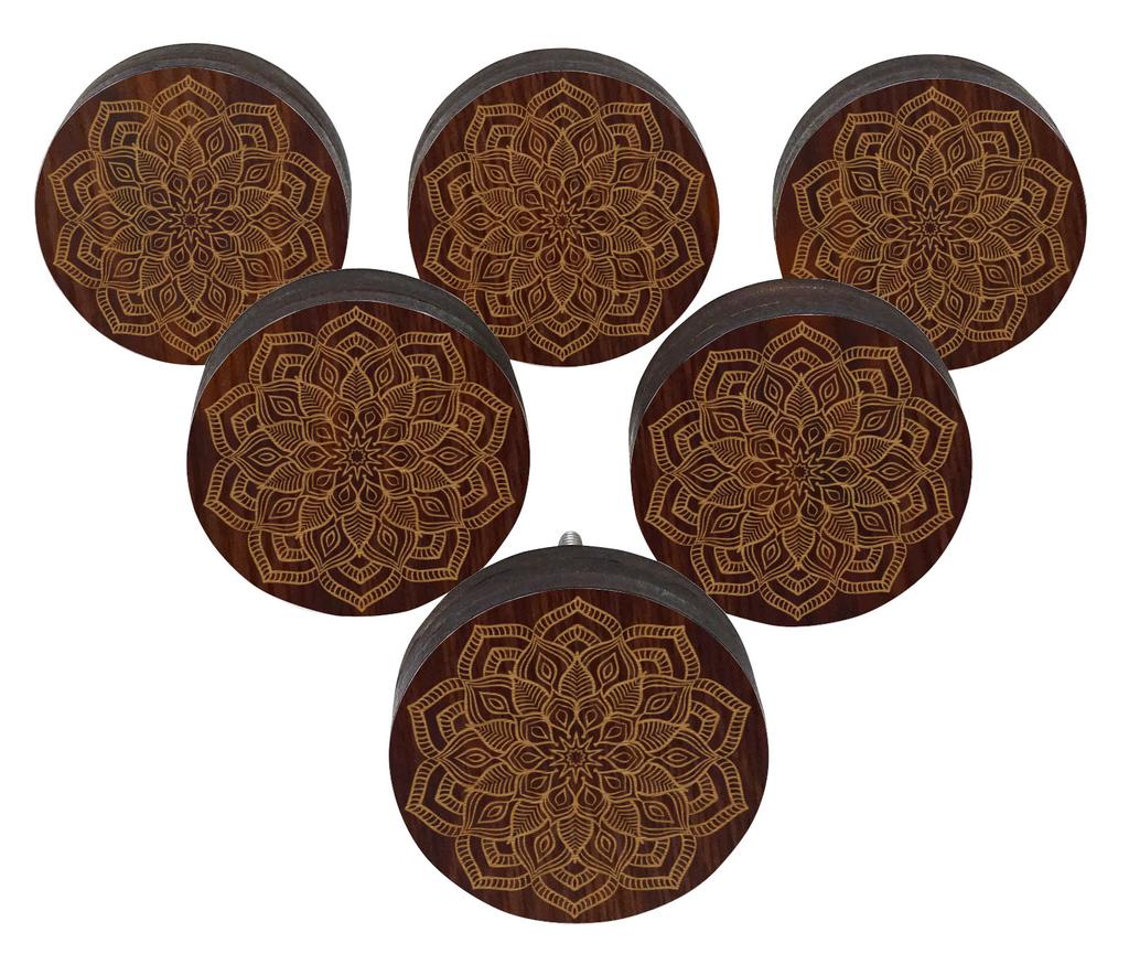 IBA Indianbeautifulart Brown Engraved Knobs Pack of 10 Wooden Wardrobe Door Knobs Drawer