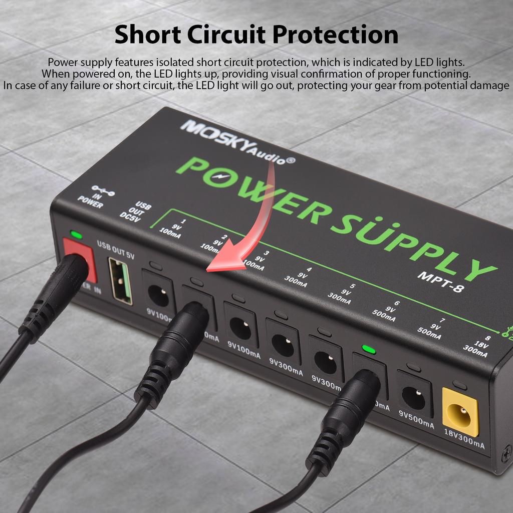 MOSKYAUDIO 8-Channel Guitar Pedal Power Supply with Independent Short Circuit Protection LED Power