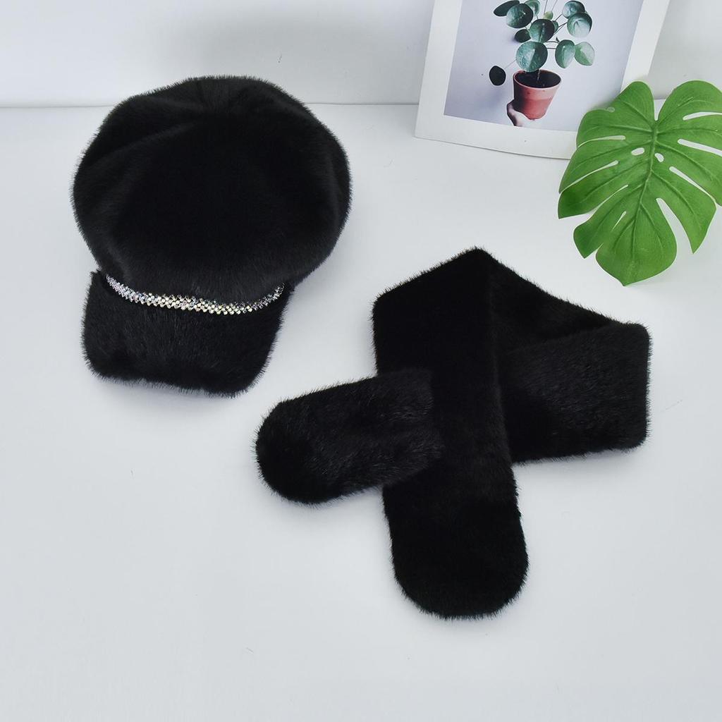 Роскошная берет-шапка из искусственного меха норки с козырьком для женщин, Зимний комплект: шапка и шарф, Уличный берет с козырьком, украшенный стразами