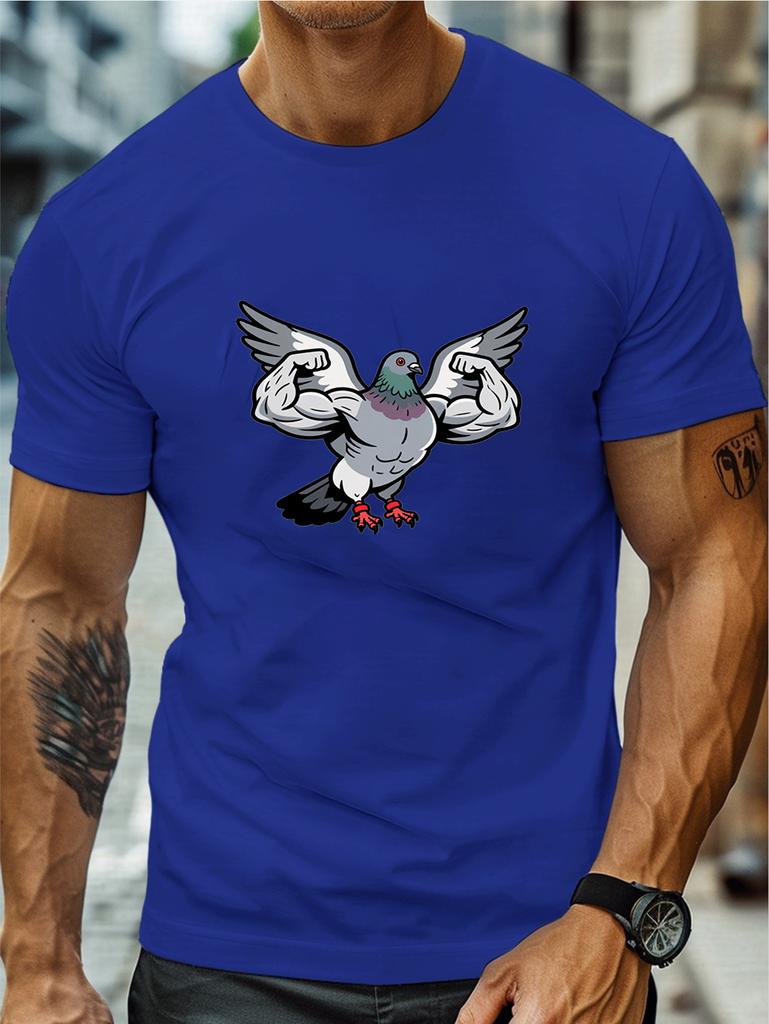 Male Navy Cotton Short Sleeve Tee Muscular Bodybuilder Pigeon Print Oversized Crewneck Workout Street Basic Daily Casual Tees