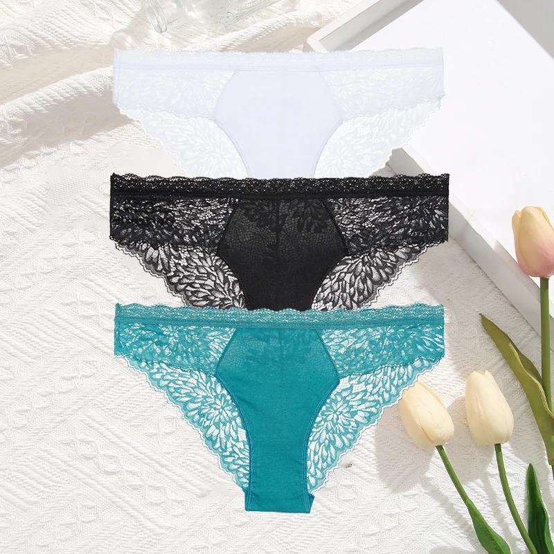 3Pcs/Set Women Sexy Lace Panties Transprant Hollow Out Low Waist Briefs Female Solid Soft Breathable Comfort Underwear Lingerie