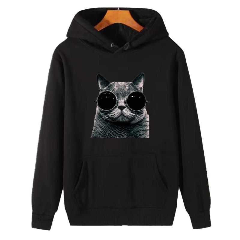 Sudadera con capucha de forro polar con estampado de gato de estilo retro para hombre, sudadera gruesa para otoño e invierno.