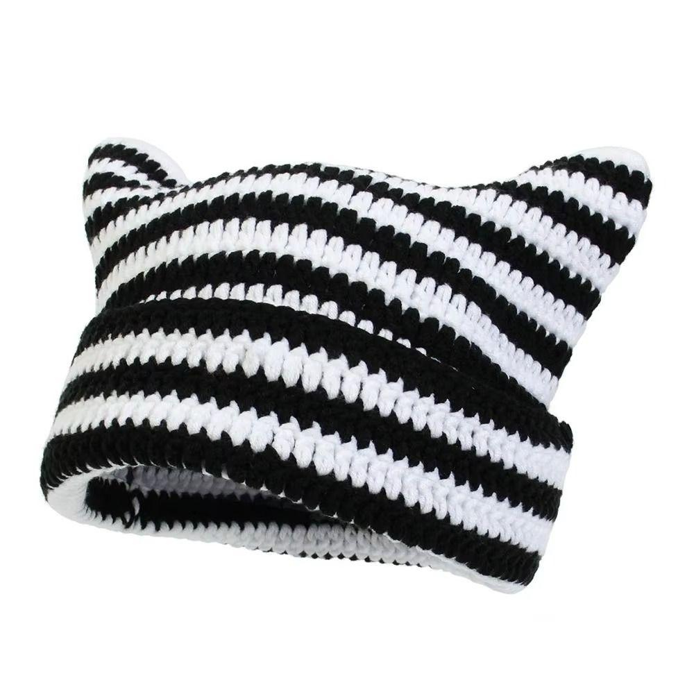 Warm Stripe Knitted Hat Cute Little Devil Cap Fashion Cat Ears Beanie Hats Girls