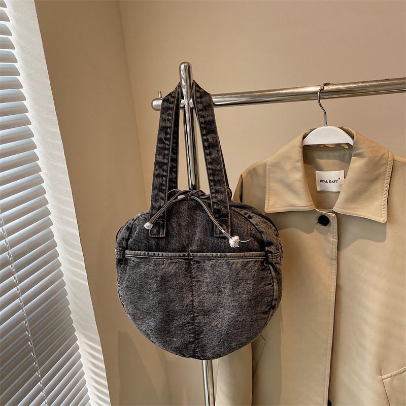 Bow Round Shape Denim Bag For Women Streetwear Fashion Large Capacity Casual Purse