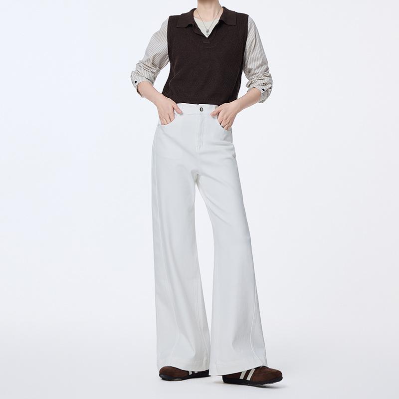 White four-sided elastic wide-leg jeans women's autumn new pants high-waisted and thin straight floor-mopping trousers