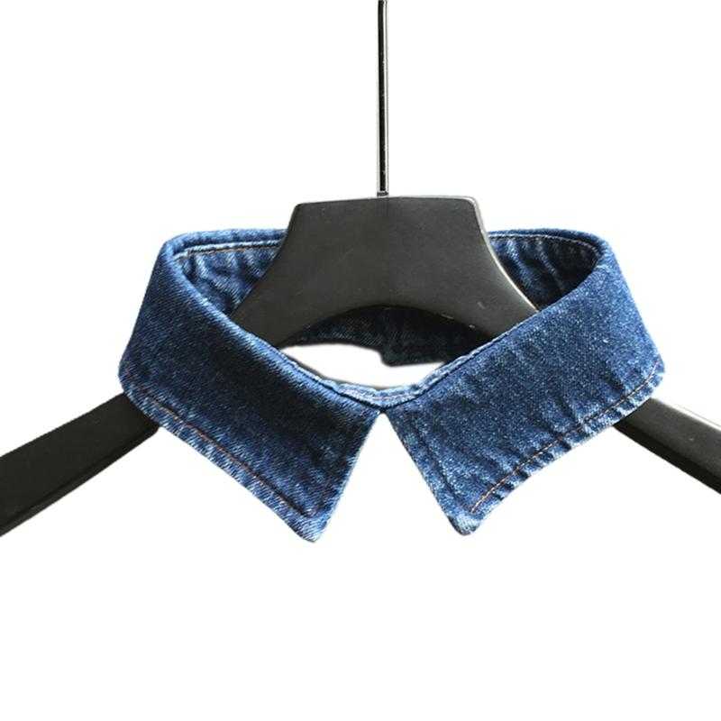 Women Men Vintage Washed Denim Blue Fake Collar Work Office Casual Lapel Choker Necklace Decorative Pointed Button Short Dickey