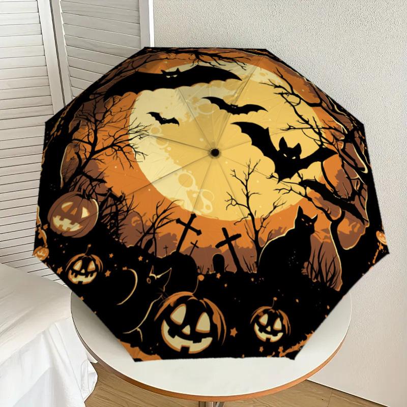1pc Halloween Night with Bats and Pumpkins Umbrella with Plastic Handle,Suitable for All Seasons Home Travel Outdoor UmbrellaDD086