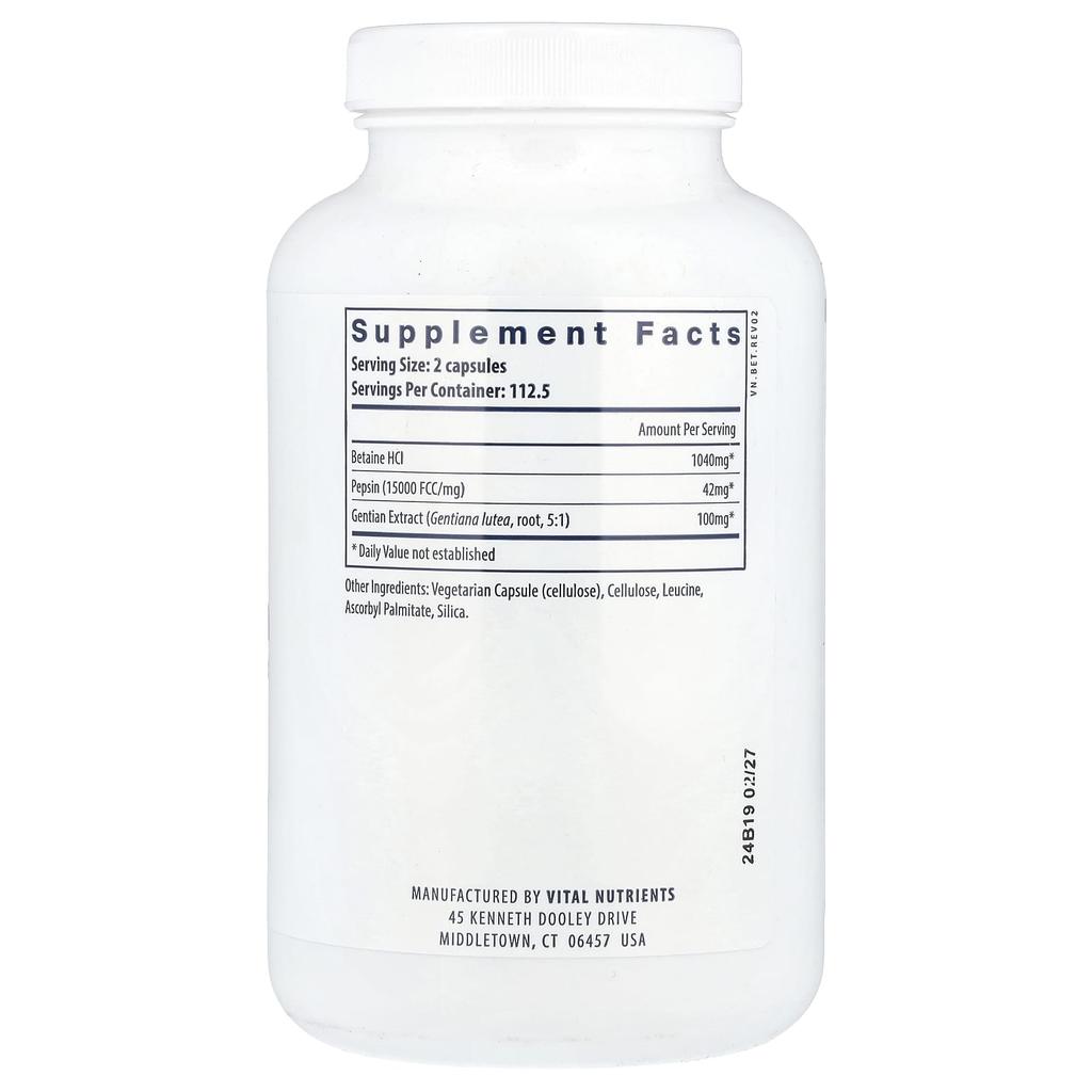 Betaine Hydrochloride, Pepsin, Gentiana Root Extract, 225 Capsules