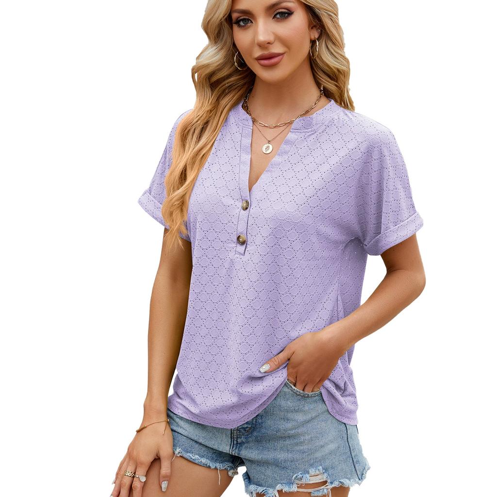 Spring and Summer Solid Color V-neck Button Loose Short-sleeved T-shirt Top Women's Clothing