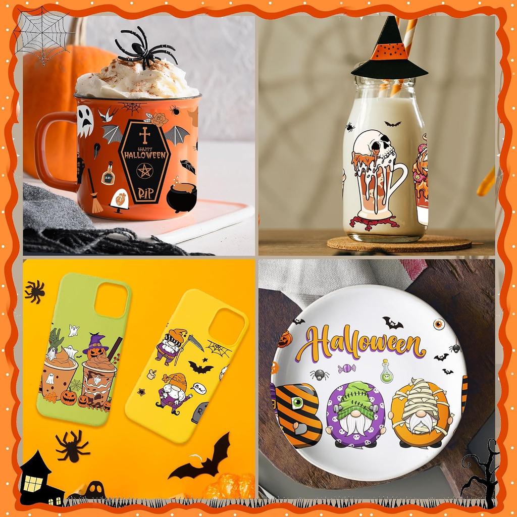 УФ DTF Наклейки-Обертки для Кружек - 8 Листов УФ DTF Перевод Halloween для Стакана 16 унций, Термокружки, Призрак, Тыква, Гном, Ужасающий Череп Дизайн для Напитков, Водонепроницаемый Ru
