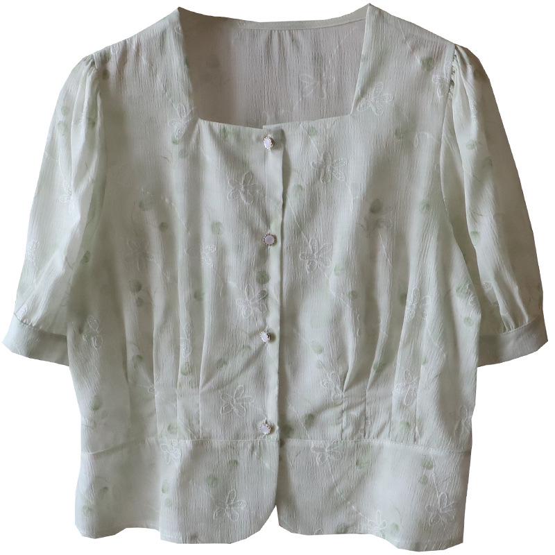 Летний топ 2025 года с квадратным вырезом и цветочным принтом из шифона с рукавами-буфами для женщин