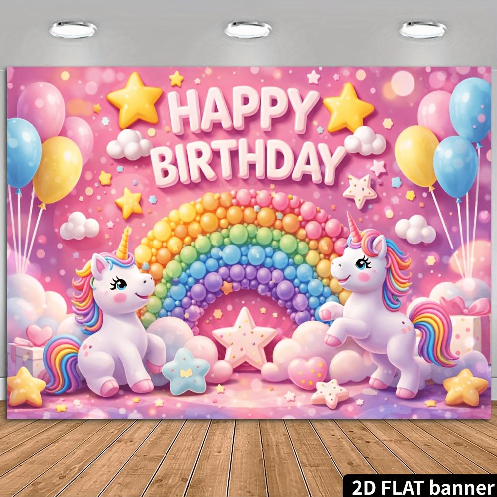 2D flat unicorn candy rainbow birthday background pink background happy birthday theme