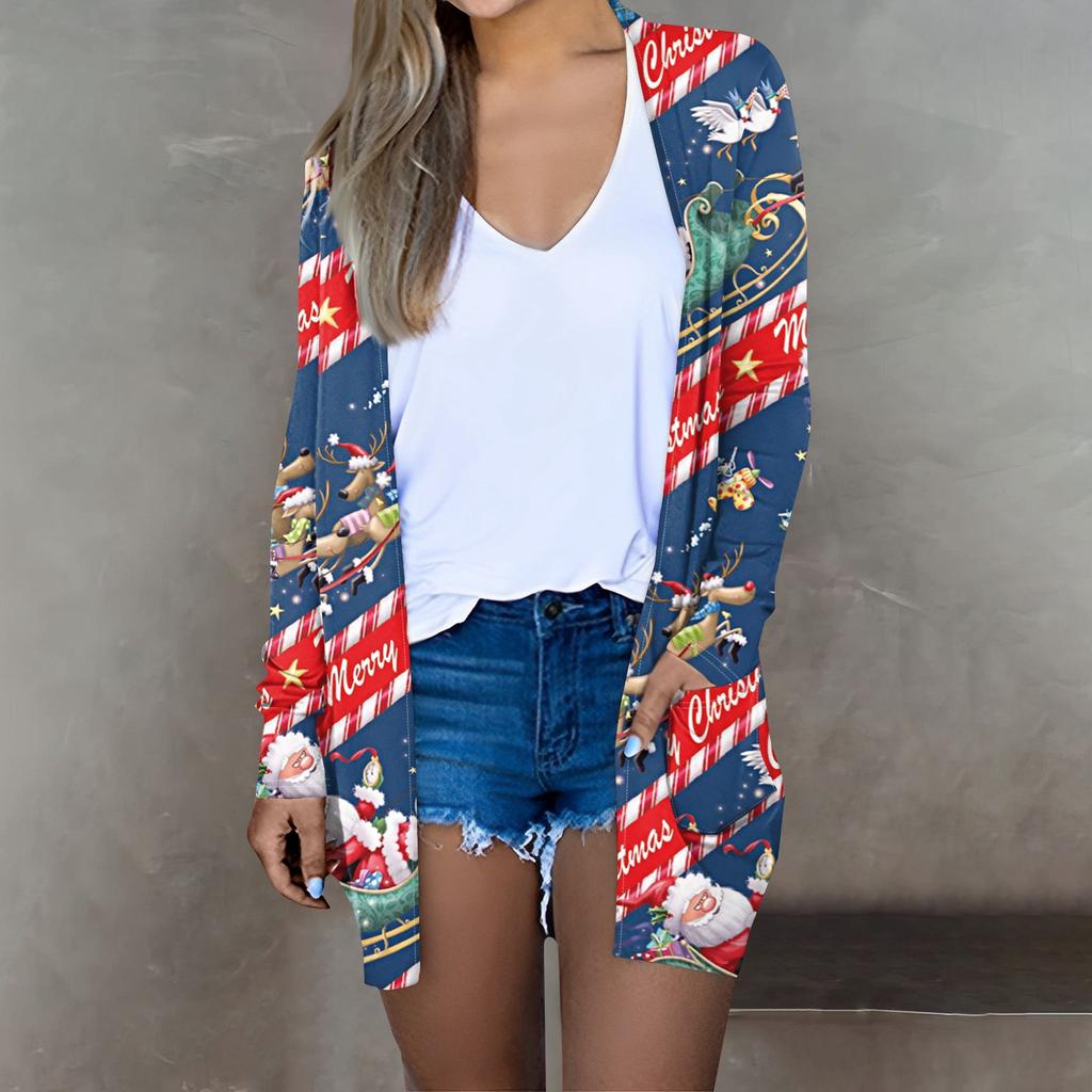 Женская мода, повседневный рождественский принт, кардиган средней длины, куртка, пальто
