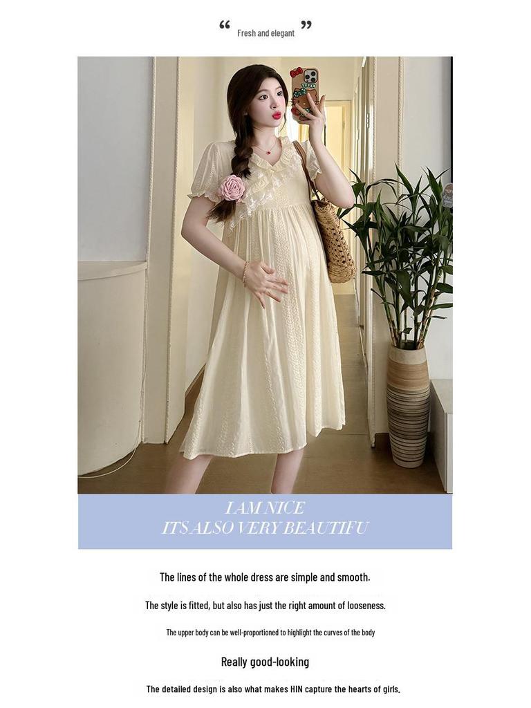 Милое летнее платье для беременных из жаккардового кружева с V-образным вырезом и вышивкой