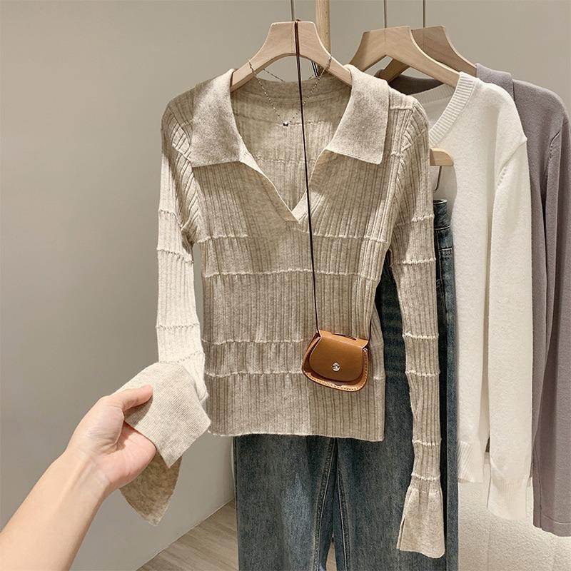 Нишевая вязаная рубашка с длинным рукавом с чувством дизайна женская осенняя облегающая и тонкая ло-рубашка уникальный популярный топ