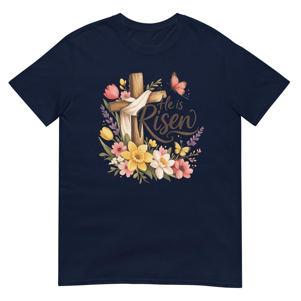 He Is Risen Floral Cross Religious Easter Christian TShirt