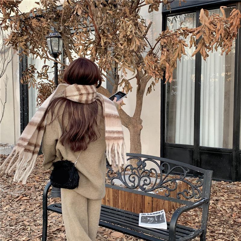 Женский облегающий вязаный костюм с напуском на весну и осень, свободный свитер с v-образным вырезом + широкие брюки с высокой талией, комплект из двух предметов