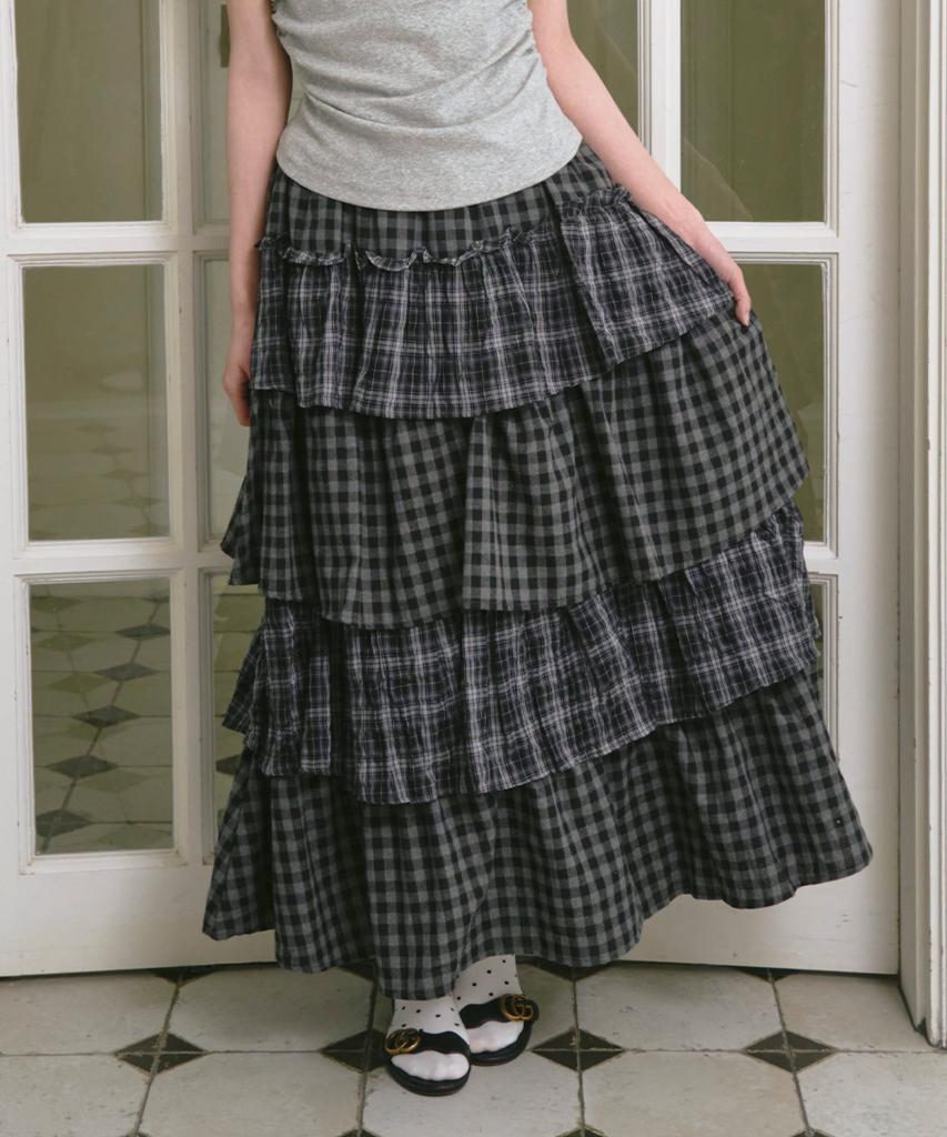 The Green Lab Tiered Long Skirt With Cancan Check [Charcoal Gray Check]