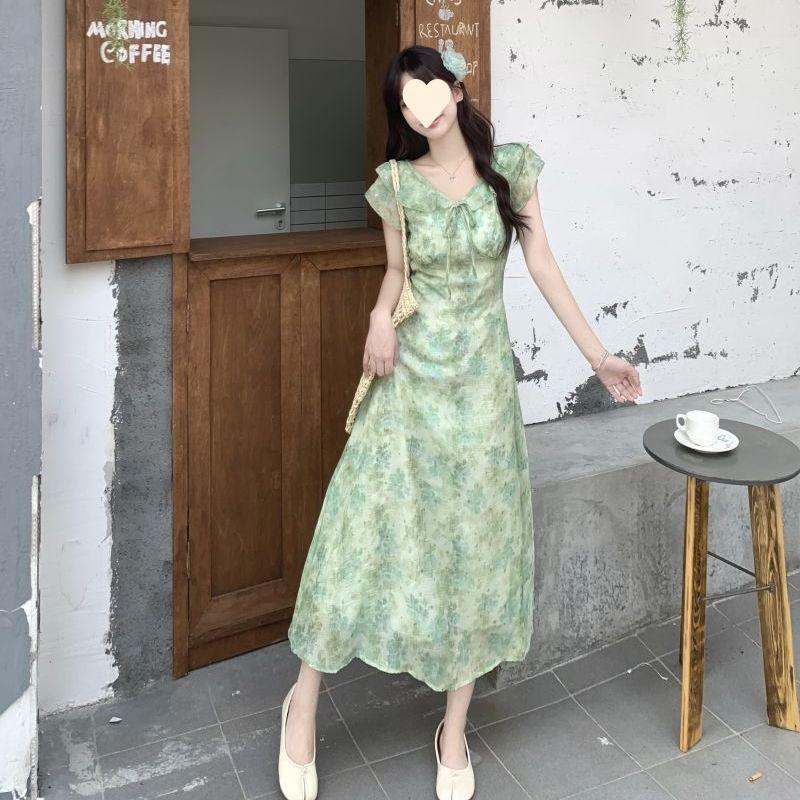 Зеленое платье Xiaofei с рукавами и цветочным принтом, женское, летнее, новое, для отпуска на море, без рукавов, с поясом, длинная юбка
