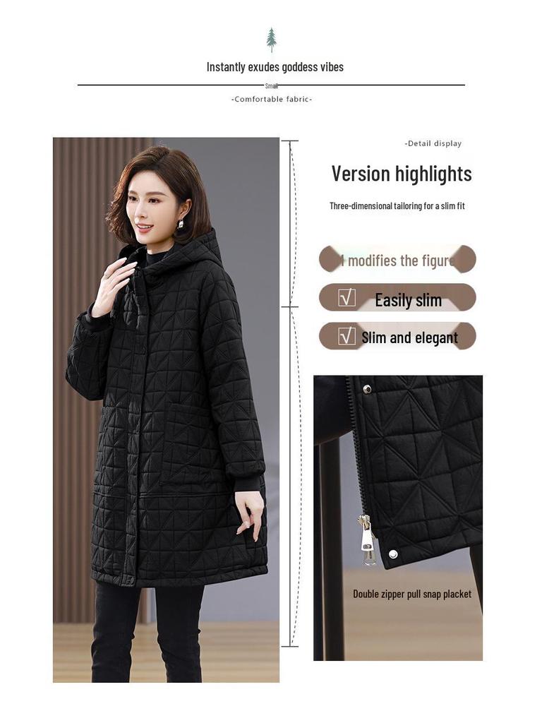 Women's Mid-Length Quilted Hooded Cotton Coat, 2024 Winter Plus Size Slimming Jacket for Middle-Aged Moms