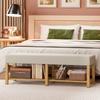 140 cm Shoe Bench Made of Solid Wood, Modern Hallway Bench with Upholstered Seat for Two People, Natural Wood and Cream White