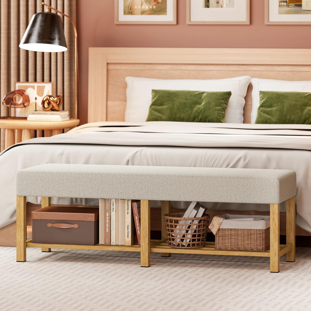 140 cm Shoe Bench Made of Solid Wood, Modern Hallway Bench with Upholstered Seat for Two People, Natural Wood and Cream White