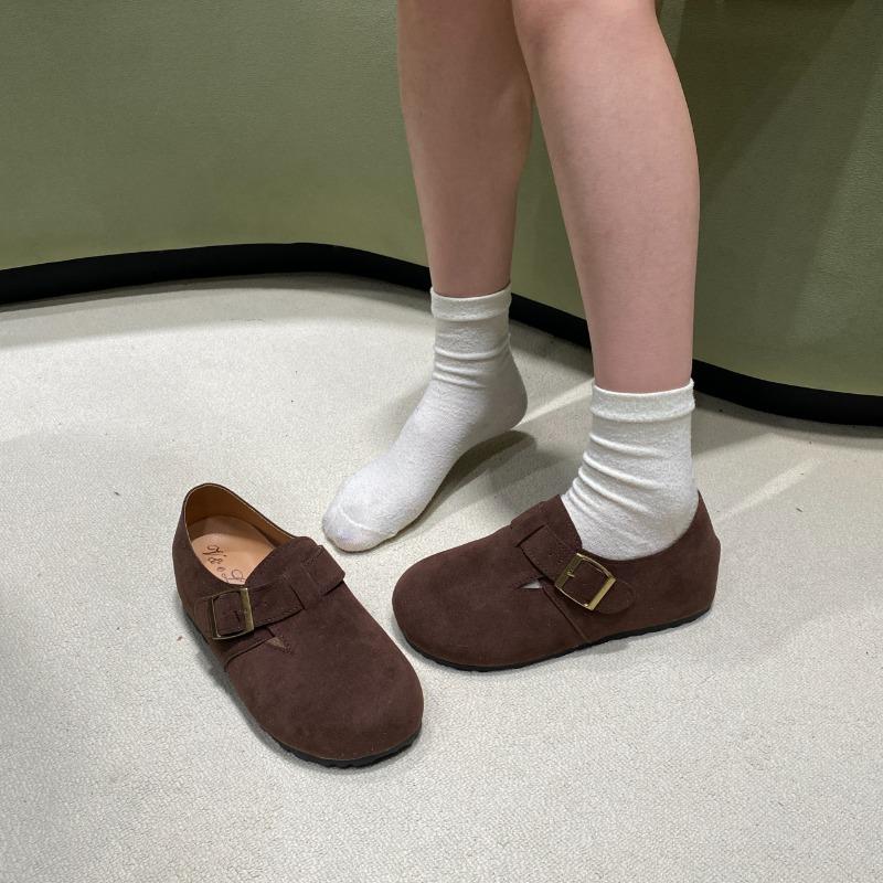 Fashion Spring New Inner Increase Single Shoes Women's Fashion Round Head Suede Metal Buckle Non-slip Wear-resistant Flat Shoes