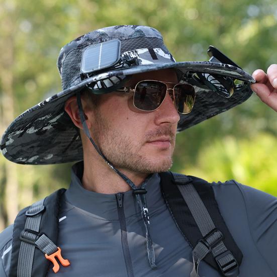 Fisherman Hat, Outdoor Sun Hat with Dual Power Solar USB Rechargeable Fan, Wide Brim Sun Protection Hat for Fishing Camping Hiking Gardening