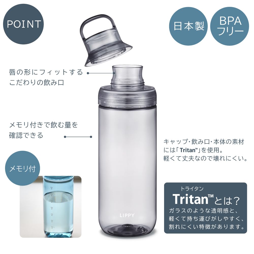 OSK LIPPY Water Clear Made in Easy to with Handle and Room Temperature BC-1000 Bottle, 1000ml, Gray, Japan, Clean, Gasket, Lightweight,