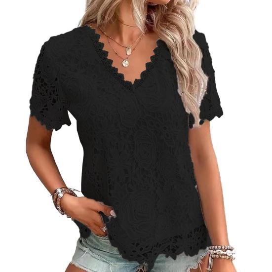 Women T-shirt V-neck Short Sleeve Casual Tee Shirt Hollow Embroidery Lace Pullover Tops Streetwear