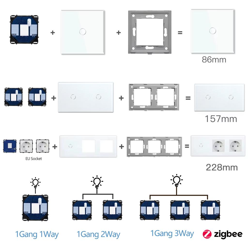 BSEED Zigbee Умные сенсорные выключатели 1/2/3 модуля Обычные французские настенные розетки Тип-C USB Функциональные модули Стеклянные панели DIY Комбинация