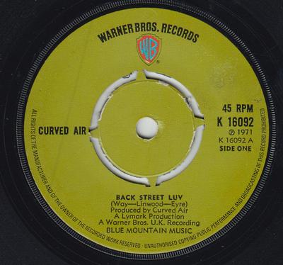7-дюймовая пластинка CURVED AIR - Back Street Luv K16092 Warner Bros. Re 1971 UK Рок Б/У