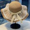 Шляпа-ведро из соломы с кружевным бантом Женская летняя пляжная прибрежная широкополая шляпа от солнца Дорожная шляпа от солнца