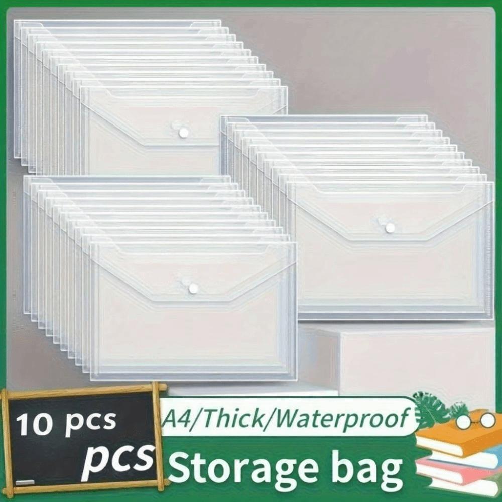 10 Pcs Clear A4 File Folders Large Capacity Plastic Document Pouch Storage Bag Durable Snap Button Closure File Folders
