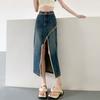 Irregular Split Half Skirt A-line Medium Long Straight One Step Package Hip Skirt Casual Raw Edge High Waist Cowboy Women Fashion Denim Bustier Skirt