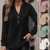 Autumn and Winter Women's Long Sleeved Solid Color V-neck Button T-shirt Top