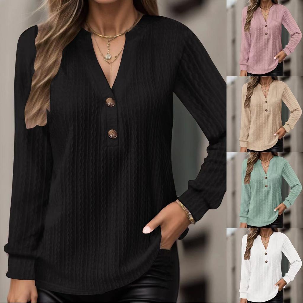Autumn and Winter Women's Long Sleeved Solid Color V-neck Button T-shirt Top