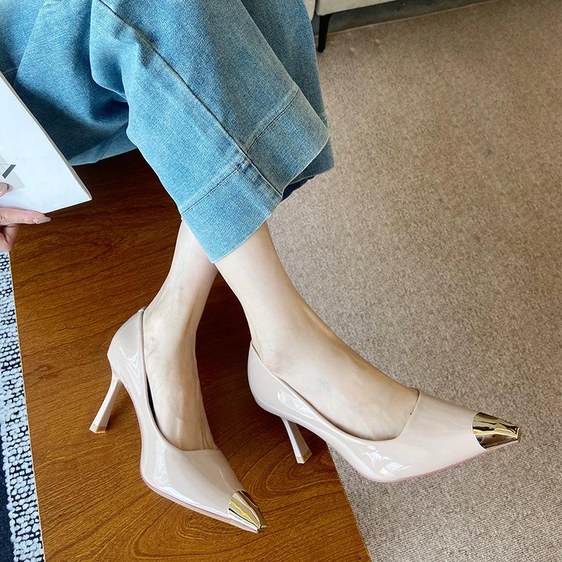 G8727-2 metal head high heels women's 2025 summer new square head French temperament thin heel single shoes versatile women